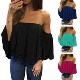 Lady Sexy Off Shoulder Long Sleeve Solid Color Loose Chiffon Top T-shirt Blouse