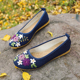 Vintage Embroidered Women Flats Flower Slip On Round Toe Shoes Loafers Ballerina