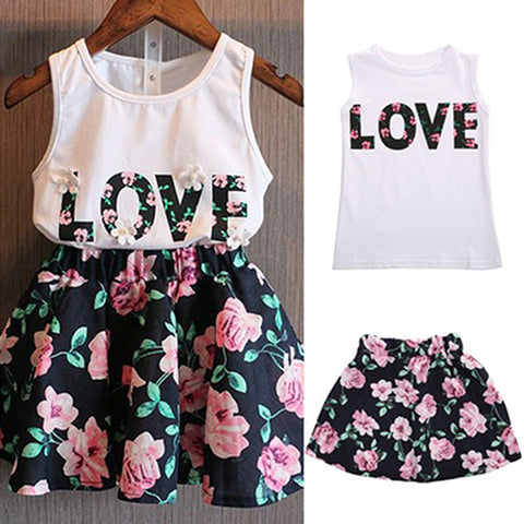 2Pcs Kids Girls Summer Floral Letters Printed Top Skirt Mini Dress Set Outfit