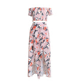 Summer Women Floral Print Long Slit Skirt Off Shoulder Crop Top Beach Dress Set - ENSEIGNE DENIS