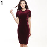 Women's Elegant Round Neck Short Sleeve Party Sheath Bodycon Pencil Velvet Dress - ENSEIGNE DENIS