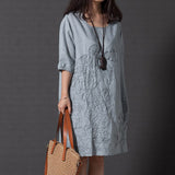 Summer Lady Floral Embroidered O-Neck Beach Cotton Linen Half Sleeve Loose Dress