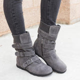 Winter buckled calf women's boots warm zipper boots plain flat shoes