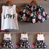 Girls Sleeveless Love Letters Printed Vest Tops + Floral Skirt Two Piece Set