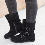 Winter buckled calf women's boots warm zipper boots plain flat shoes