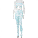 Tie Dye Women 2 Piece Set Crop Top Off Shoulder Stacked Pants Bodycon