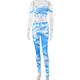 Tie Dye Women 2 Piece Set Crop Top Off Shoulder Stacked Pants Bodycon