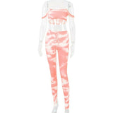 Tie Dye Women 2 Piece Set Crop Top Off Shoulder Stacked Pants Bodycon