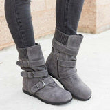Winter buckled calf women's boots warm zipper boots plain flat shoes