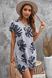 Gray Palm Leaf Hollow Out Twist Short Sleeve T Shirt Mini Dress