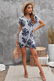 Gray Palm Leaf Hollow Out Twist Short Sleeve T Shirt Mini Dress