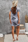 Gray Palm Leaf Hollow Out Twist Short Sleeve T Shirt Mini Dress