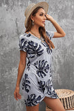 Gray Palm Leaf Hollow Out Twist Short Sleeve T Shirt Mini Dress