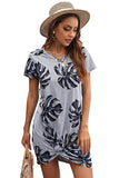 Gray Palm Leaf Hollow Out Twist Short Sleeve T Shirt Mini Dress