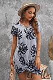 Gray Palm Leaf Hollow Out Twist Short Sleeve T Shirt Mini Dress