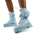 Women Pocket Boot Lace Up Ladies Ankle Boots Female Buckle Strap Black