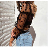 Women Dot Black Blouse Mesh See Through Long Puff