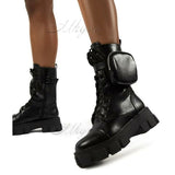 Women Pocket Boot Lace Up Ladies Ankle Boots Female Buckle Strap Black