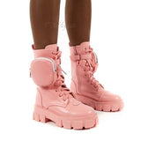 Women Pocket Boot Lace Up Ladies Ankle Boots Female Buckle Strap Black