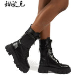 Women Pocket Boot Lace Up Ladies Ankle Boots Female Buckle Strap Black