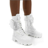 Women Pocket Boot Lace Up Ladies Ankle Boots Female Buckle Strap Black