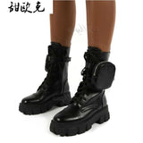 Women Pocket Boot Lace Up Ladies Ankle Boots Female Buckle Strap Black