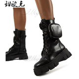 Women Pocket Boot Lace Up Ladies Ankle Boots Female Buckle Strap Black