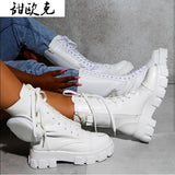 Women Pocket Boot Lace Up Ladies Ankle Boots Female Buckle Strap Black