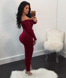 Off Shoulder Long Sleeve Tie Up Bodycon Overalls