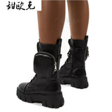 Women Pocket Boot Lace Up Ladies Ankle Boots Female Buckle Strap Black