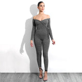 Off Shoulder Long Sleeve Tie Up Bodycon Overalls