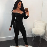Off Shoulder Long Sleeve Tie Up Bodycon Overalls
