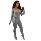 Off Shoulder Long Sleeve Tie Up Bodycon Overalls