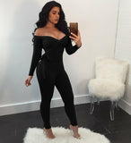 Off Shoulder Long Sleeve Tie Up Bodycon Overalls