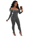 Off Shoulder Long Sleeve Tie Up Bodycon Overalls