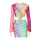 V Neck Flare Sleeve Tshirt Stretch Short Skirt and Top Set