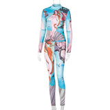 Long Sleeve Top Print Bodycon Pants Suit