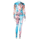 Long Sleeve Top Print Bodycon Pants Suit
