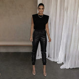 Faux Leather Pant Trousers Slim Khaki Black High Waist Leisure Capris