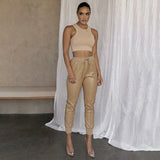 Faux Leather Pant Trousers Slim Khaki Black High Waist Leisure Capris