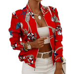 Women's Stand Collar Zip Up Floral Prints Bomber Jacket