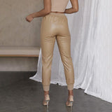 Faux Leather Pant Trousers Slim Khaki Black High Waist Leisure Capris