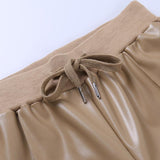 Faux Leather Pant Trousers Slim Khaki Black High Waist Leisure Capris