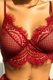 Red Spaghetti Strap Push Up Eyelash Lace Bra Set