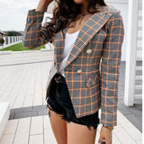 Elegant Plaid Women's Suit Coat Slim Button Long Sleeve Coat