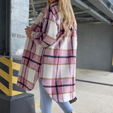 Pink Stripe Plaid Long Lapel Single-breasted Loose Maxi Shirt
