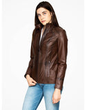 Brown Leather Biker Jacket For Women