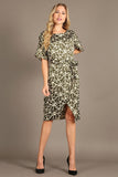 1313 Floral faux-wrap, knee-length, boat neck, waist tie, front slit.