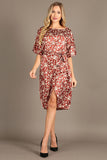 1313 Floral faux-wrap, knee-length, boat neck, waist tie, front slit.