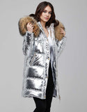 Silver Fur Trimmed Metallic Parka For Women